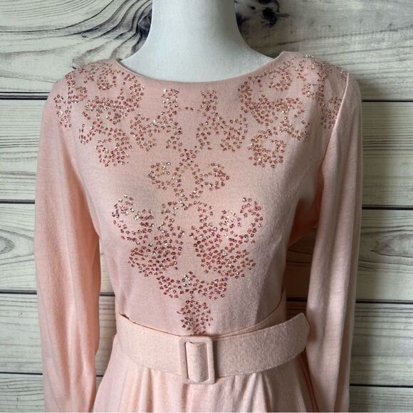 Vintage Clues Collections Blush Pink Belted Long Sleeve Flare Dress - Picture 2 of 12